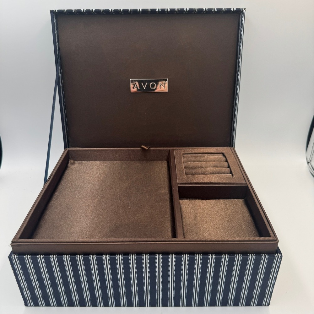 Avon Jewelry Box Navy Blue Pinstripe Brown Satin Lining Removable Tray Organizer